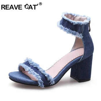 

REAVE CAT New Arrival summer Women Sandals Ankle strap Denim Style Novelty high heel Sandals Lady shoes Pumps Zipper Shoes A730