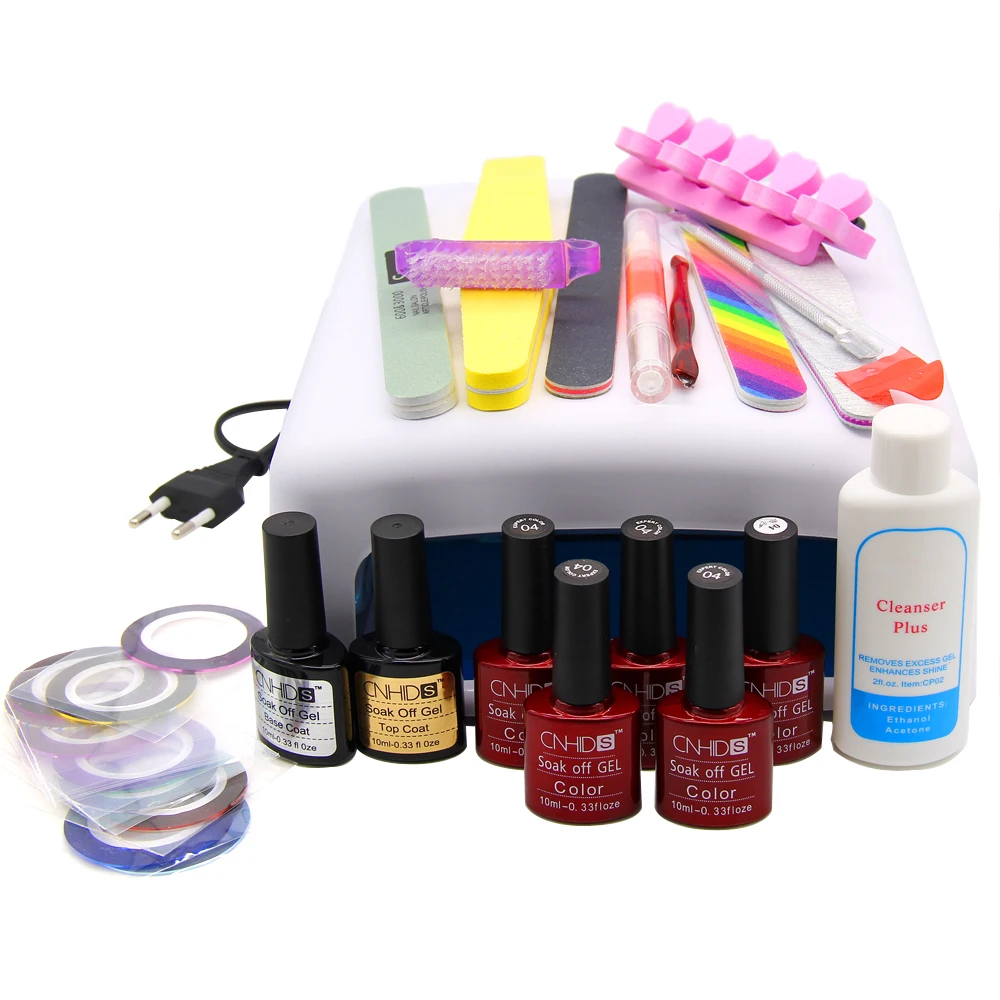 

Nail Art Manicure Tools 36W UV Lamp+5 Color 10ml uv Led Gel Base Top Coat polish with French tip Remover Practice set File kit