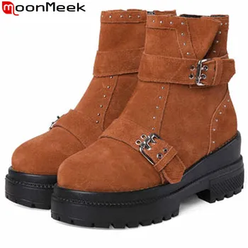 

MoonMeek 2020 new ankle boots women round toe zip suede leather boots platform wedges boots classic autumn winter boots