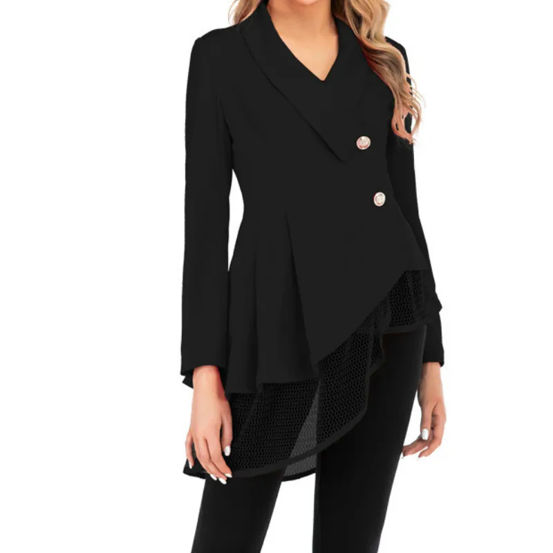 S-3XL Women New Mesh Hem Fashion Work Office Suit Fashion Long Sleeve V Neck Formal Red Black Elegant Office Lady Blazers Top