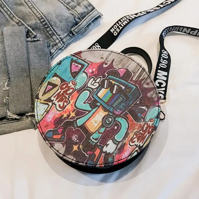 All-match Crossbody Shoulder Bag Wide Shoulder Strap Printed Small Round Graffiti Bag Fashion Women Leather Messenger Totes Bags All-match Crossbody Shoulder Bag Wide Shoulder Strap Printed Small Round Graffiti Bag Fashion Women Leather Messenger Totes Bags