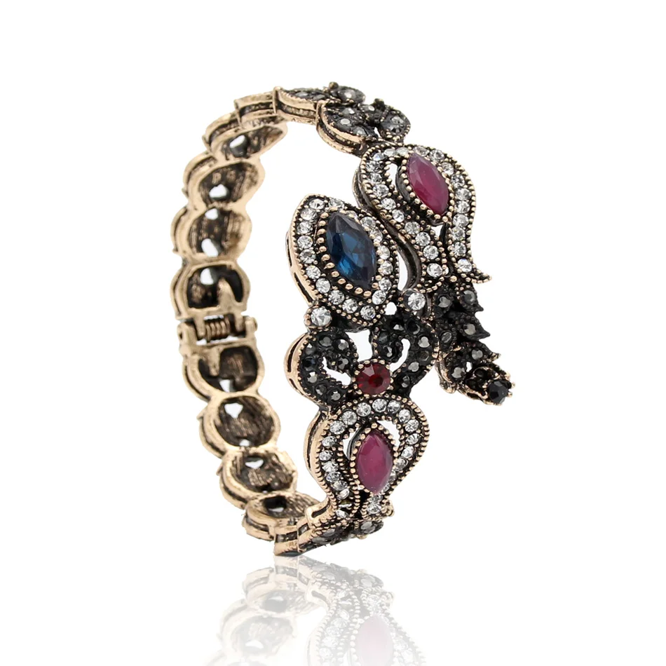 

Vintage Turkish Tulip Flower Adjustable Bangle Cuff Antique Gold Color Resin Bracelet Ethnic Banquet Stage Jewelry Gypsy Bride
