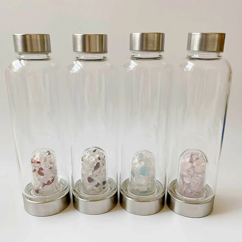 

U-Shape Natural Gravel Crystal Water Bottle Quartz Crystal Gemstone Tea Bottle Wand Point Healing Crystal Glass Bottle Gift