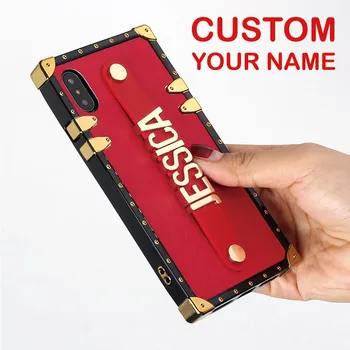 

Custom Leather Trunk Case Holding Strap Gold Metal Personalized Name Phone Case For iPhone 11 Pro 6S XS Max XR 7 7Plus 8 8Plus X