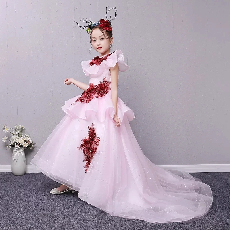 

Children Girls Luxury Birthday Wedding Party Long Tail Ball Gown Dress 2018 Teens Model Show Host Piano Elegant Pageant Dress