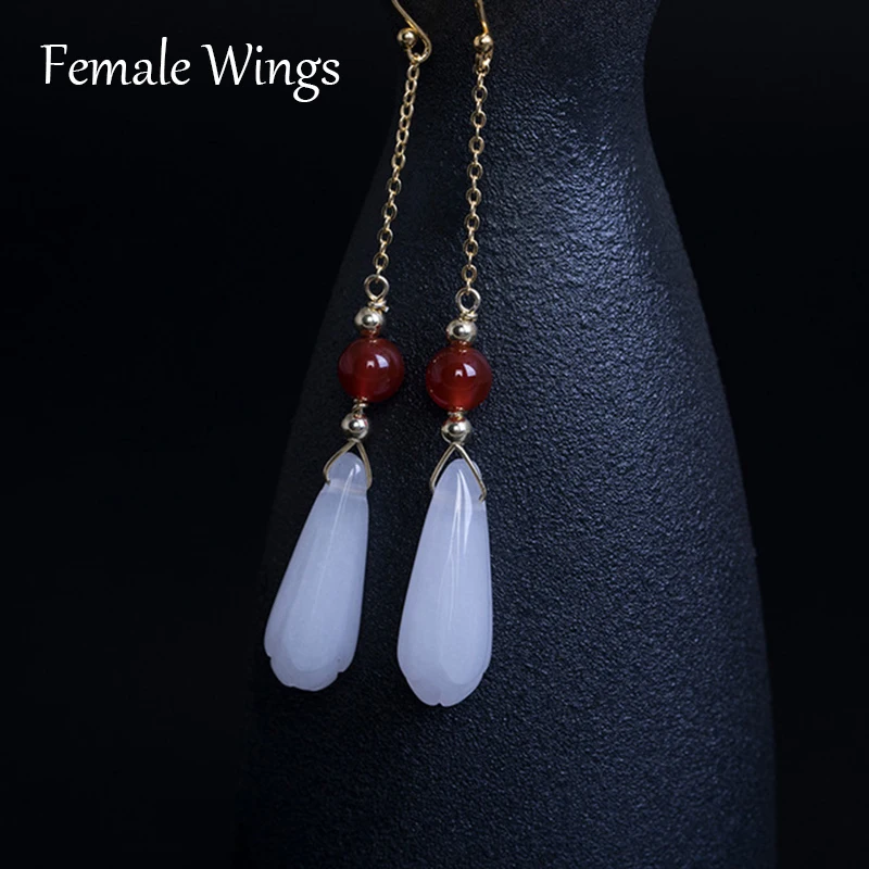 

Female Wings 925 Sterling Silver Vintage Agate Jade Drop Earrings Long Bar Pendant Hangign Earring Handmade Ethnic Brincos FE031