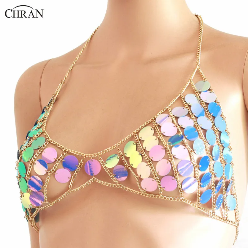 Chran Shine Bright Iridescent Blue Mermaid Sequin Disc Burner Babe Halter Bra Sexy Mesh Bikini Body Chain Jewelry