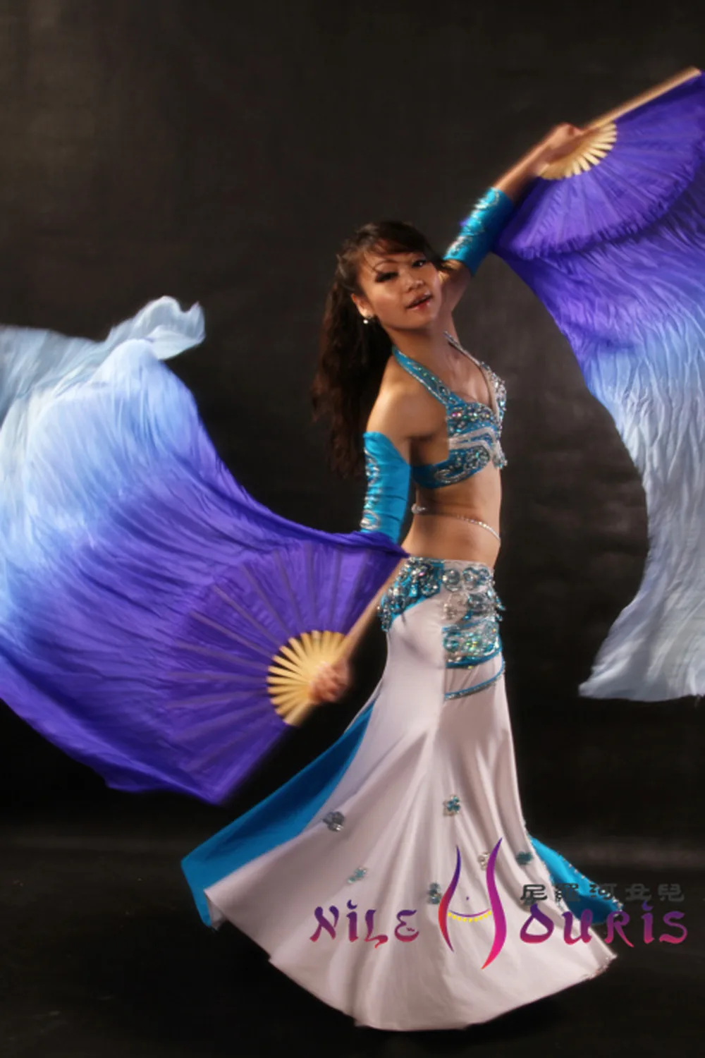 

blue fading, 1 set(1pc right+1 pc left) 1.5m*0.9m(59"*35") hand painted belly dance silk fan veil, real flowy silk