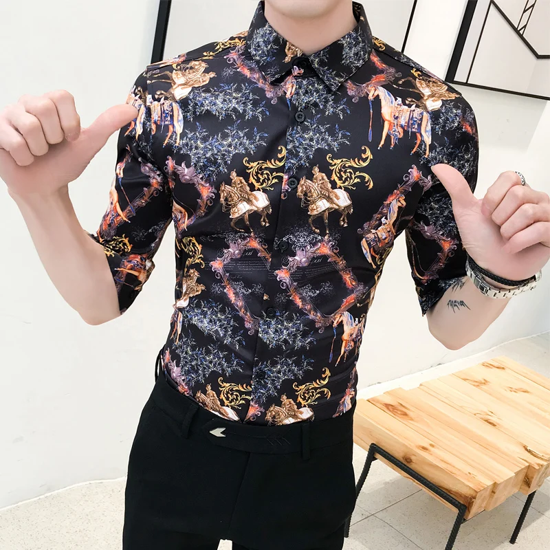 

Mens Shirts Casual Slim fit Summer Dress Shirts Male Half Sleeve Print Hairstylist Work Shirt Man New Pattern Tuxedo Shirt Men