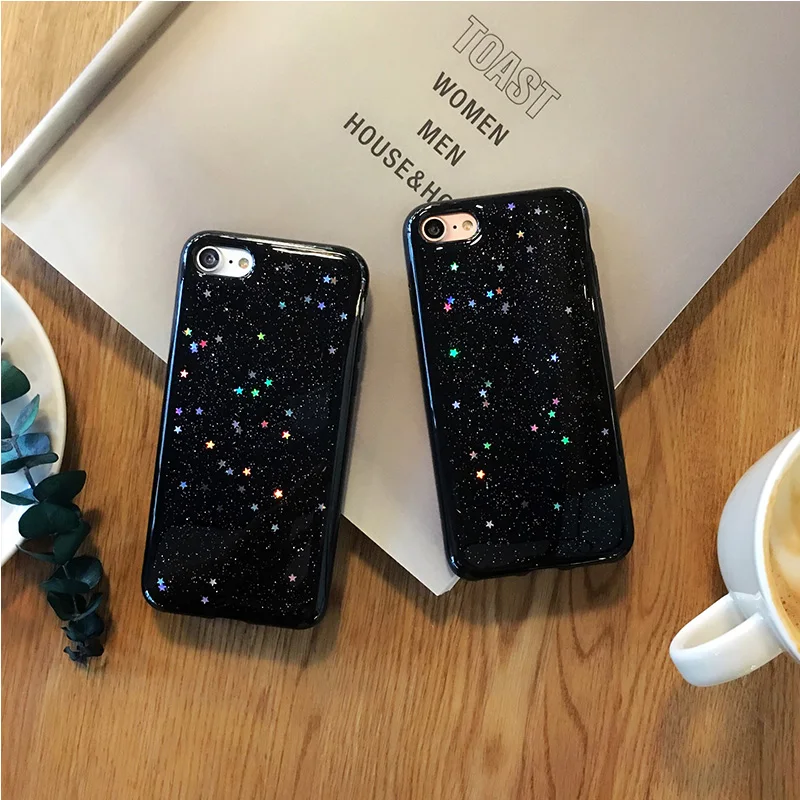 

From Jenny New Star Black Glitter Phone Case Cover For iPhone 6 6s 6plus 6splus 7 7plus 8 8plus X Case Soft TPU Capa Coque