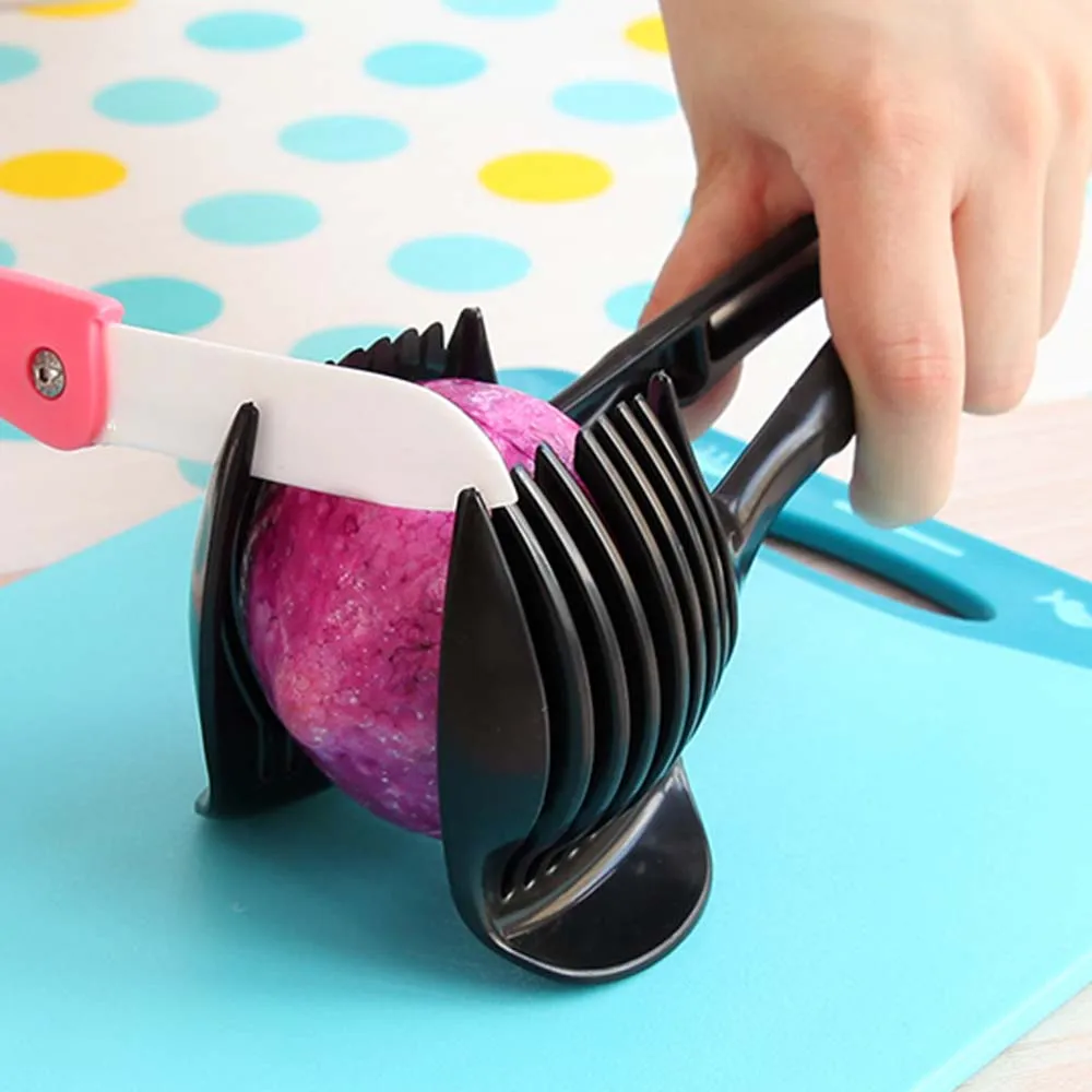 

Perfect Fruit Slicer Cut Fruit Vegetable Cutter Tools Holder Plastic Tomato Holder Slicer Guide Potato/Onion Good Quality KC1057