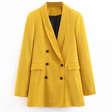 Женский двубортный Длинный блейзер офисный женский маленький пиджак для Отдыха Желтый Блейзер Свободное пальто уличная одежда