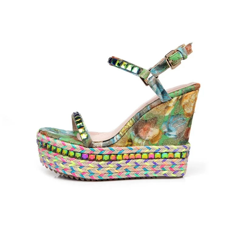 24_2016 Summer New Fashion Rhinestone High Heel Open Toe Sandals Casual Bohemian Wedge Elegant Shoes For Ladies High Quality