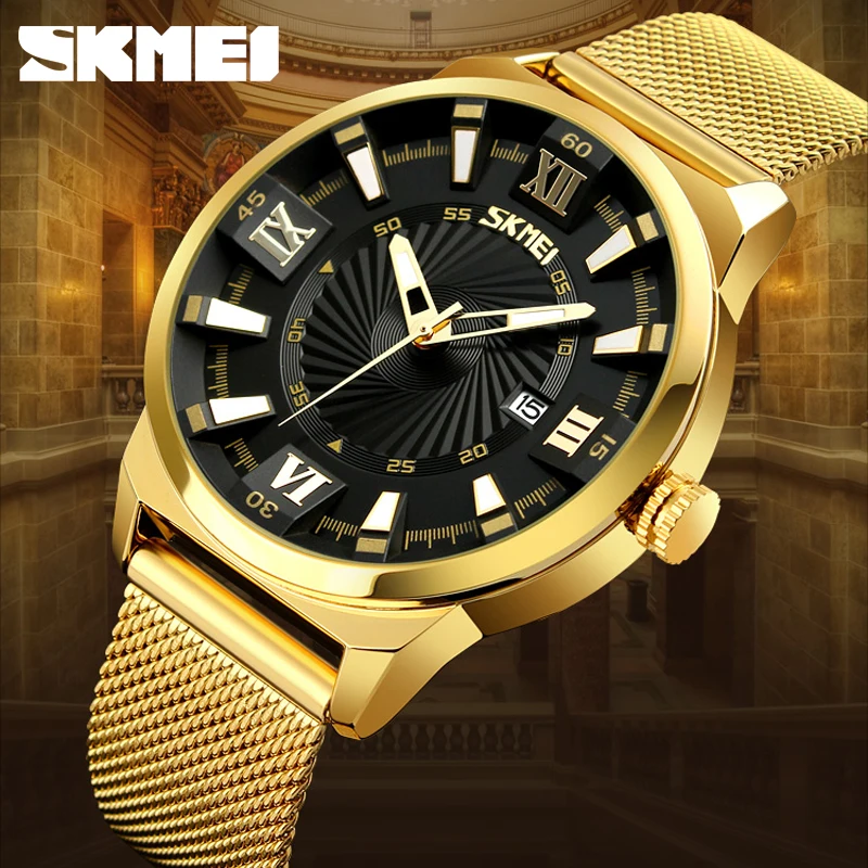 SKMEI 9166 Бизнес Кварцевые часы из нержавеющей стали лучший бренд роскошные золотые наручные часы для мужчин 30 м водонепроницаемые часы Montre Homme