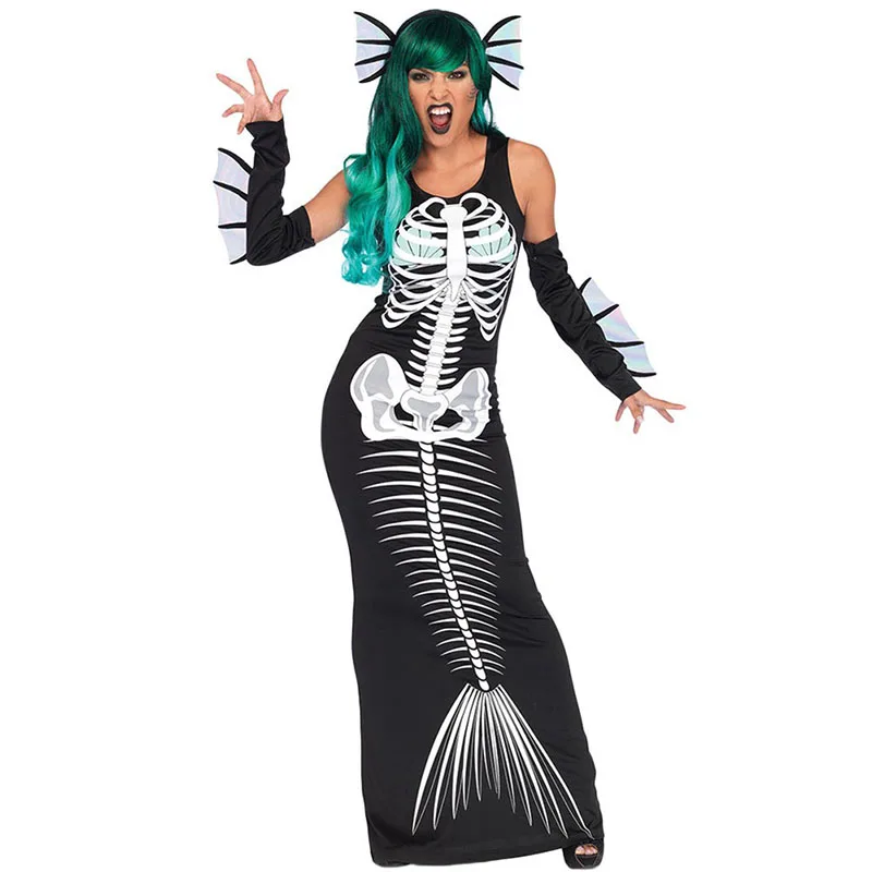 

Ladies Halloween Scary Joker Fish Bone Costume Devil Mermaid Cosplay Long Sleeveless Dress Fancy Horror Outfit For Women
