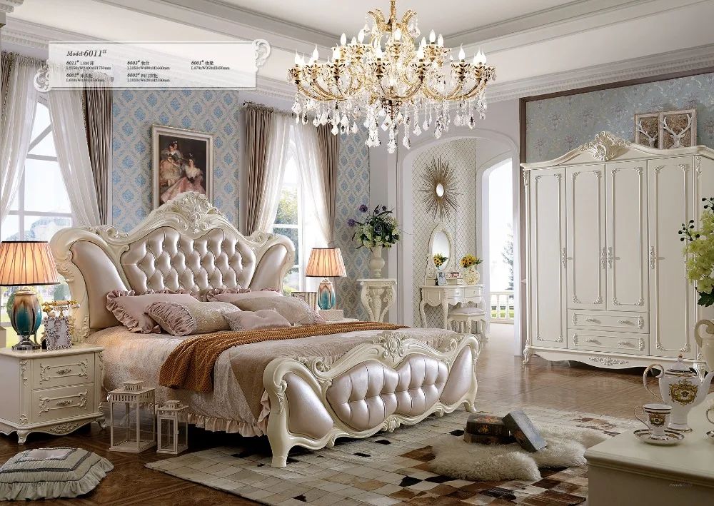 2016 Promotion Real King Antique No Genuine Leather Bedroom Furniture Muebles Para Casa Folding Bed Soft Bed Carved French