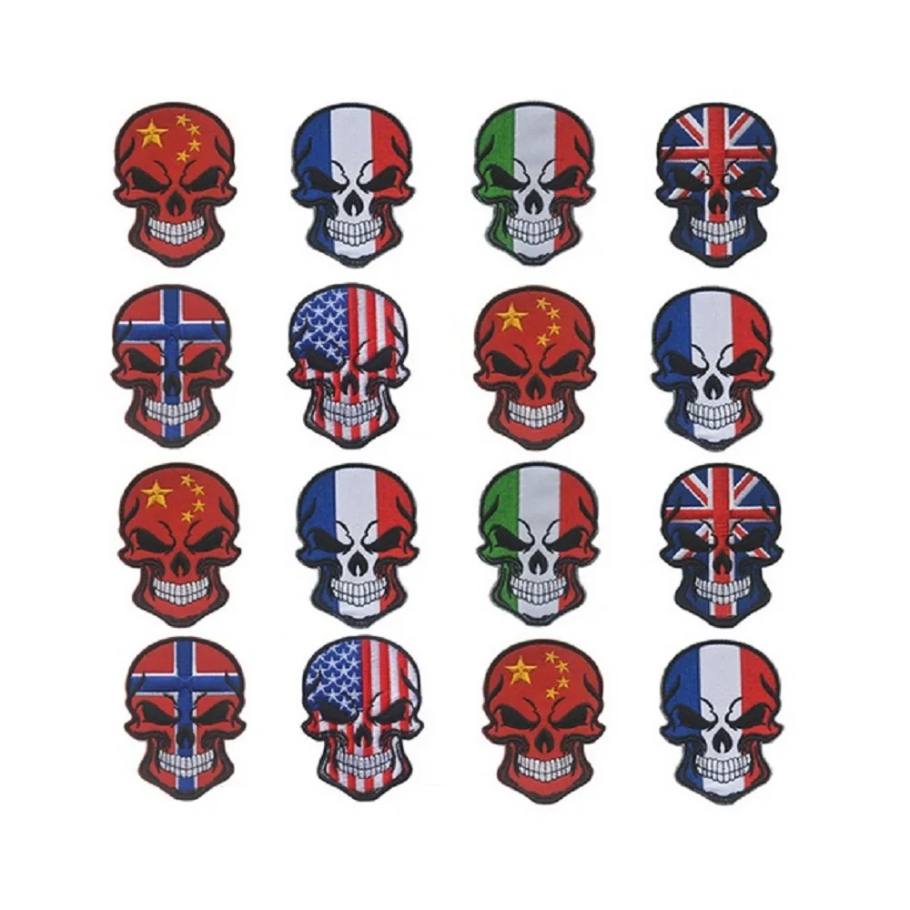 

3pcs/lot Halloween skull flag patches France/Italy/Britain/Canada/Turkey/Israel/Norway/Russia/USA flag Embroidery patches