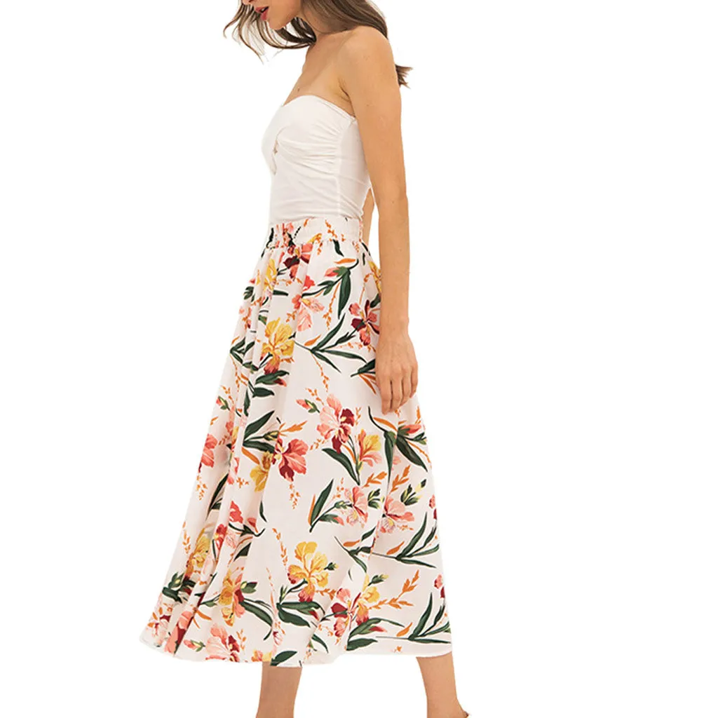Модная женская богемная гибкая юбка с принтом, высокая талия, а-образная пляжная юбка, Цветочная большая Юбка-миди Jupe Femme#30