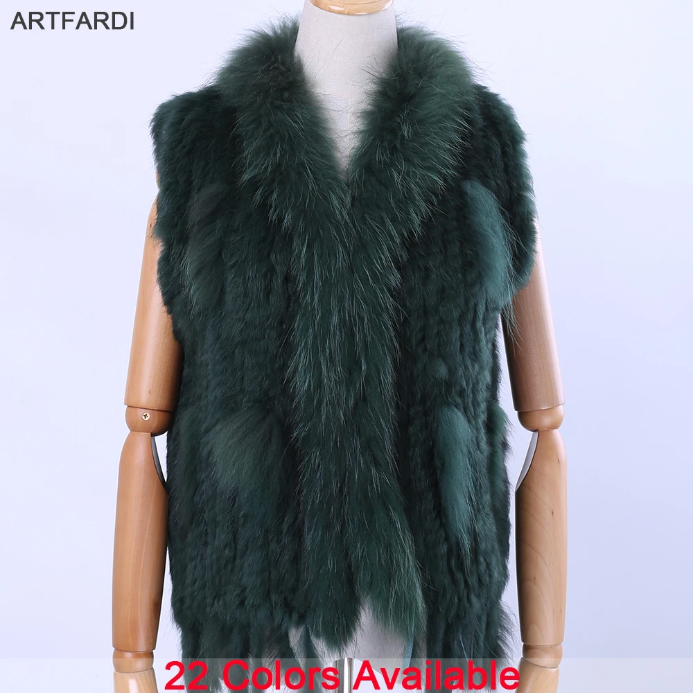 

2019 New Women's Lady Genuine Real Knitted Rabbit Fur Vests tassels Raccoon Fur Trimming Collar Waistcoat Fur Sleeveless Gilet