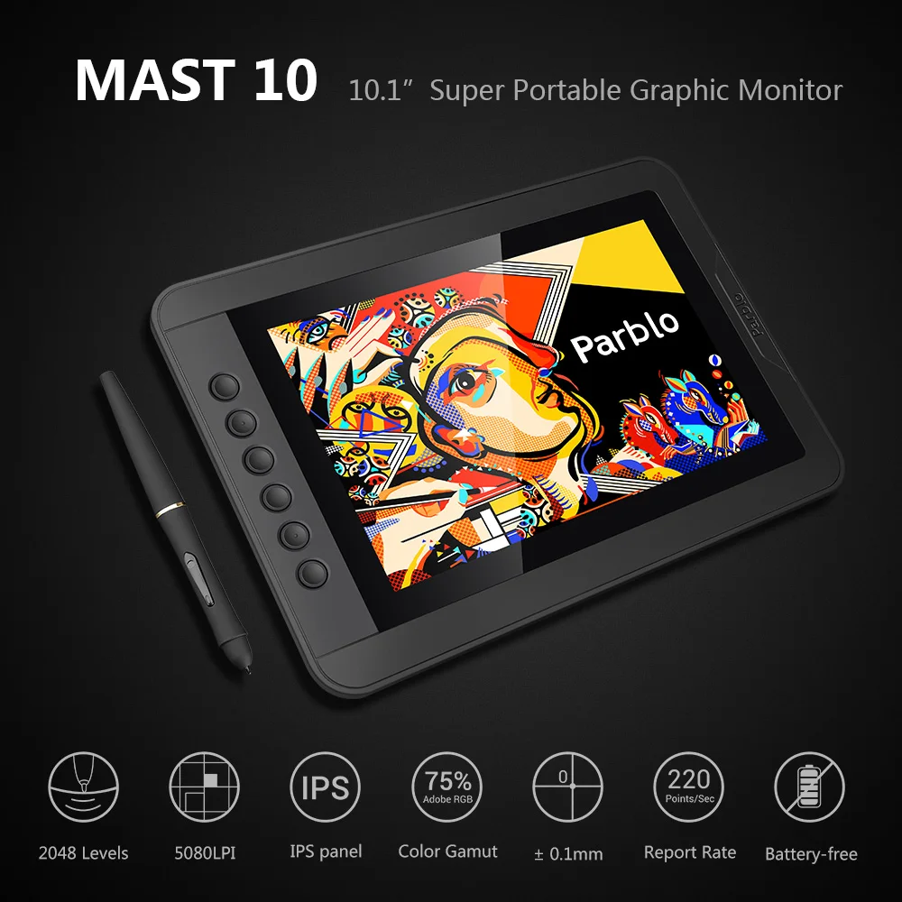  Parblo Mast10 10.1 inches Graphic Monitor with Shortcut Keys and Batteryless Pen Passive Stylus +Mi