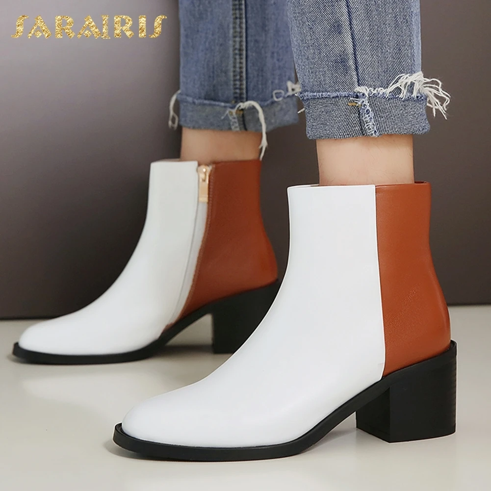 

SARAIRIS New Genuine Leather Hot Sale Cow Leather Shoes Woman Boots Chunky Heels Zip Up Ankle Boots Woman Shoes