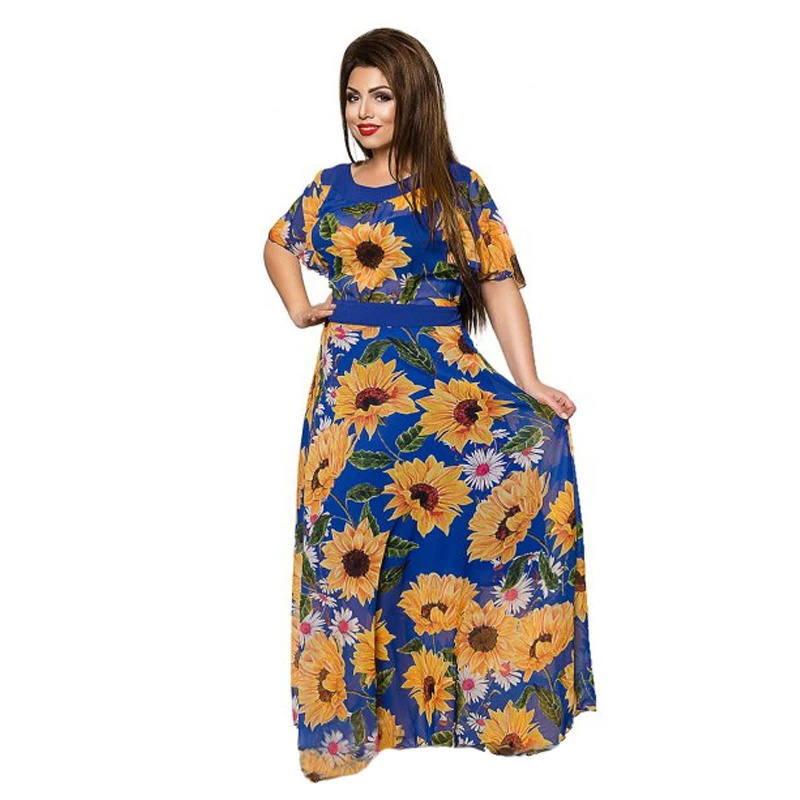Summer Women Chiffon Dresses Plus Size Sunflower Floral Print Dress Batwing Sleeve Maxi Long 