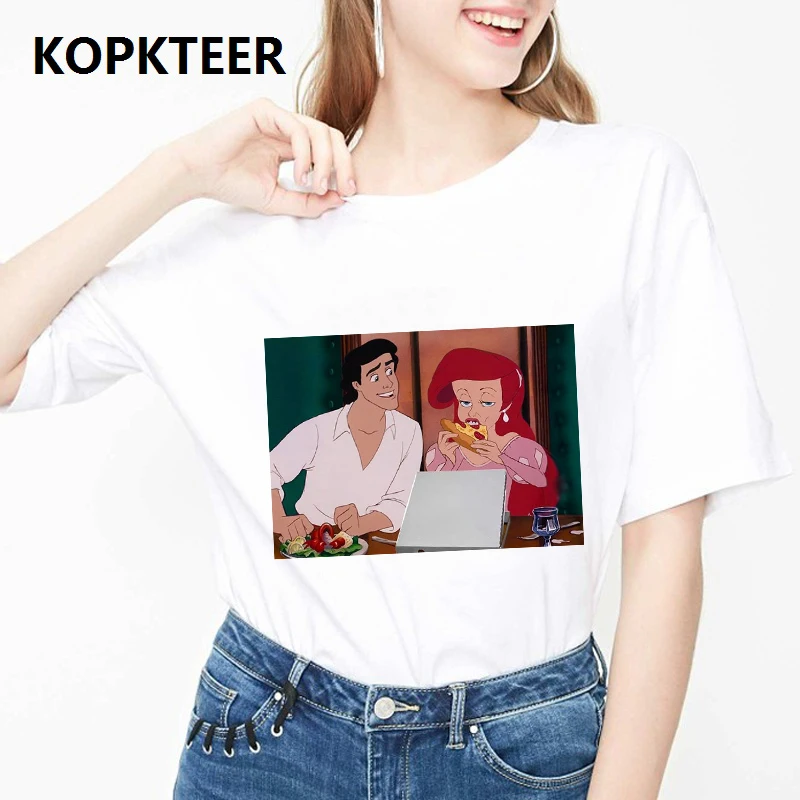 

Women Clothes 2019 New Cotton Harajuku Aesthetics T Shirt Ariel Eat Pizza Print Short Sleeve Tops & Tees Casual Couple T Shirt