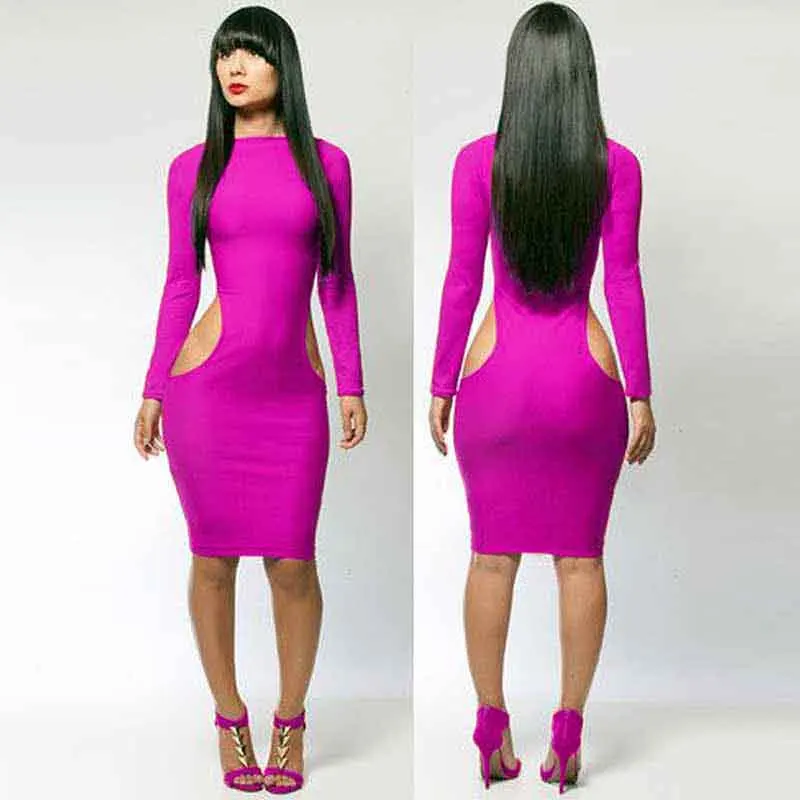 2019 Top Fashion Womens Summer Dresses Sexy Cut Out Female Clothes Dress Solid Night Club Party Bodycon Dress Long Sleeve (6)