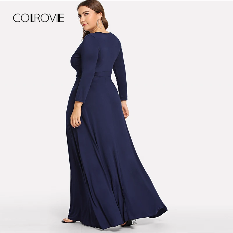 COLROVIE размера плюс темно-синий топ с глубоким V-образным вырезом Вечерние Платье Для женщин осеннее платье с длинными рукавами элегантное платье Винтаж зимние Макси платья