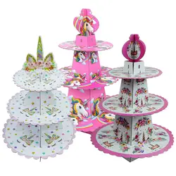 День рождения Единорог вечерние розовый 3 уровня Бумага торт стенд Baby Shower поставки дети День рождения украшение, подставка для капкейков