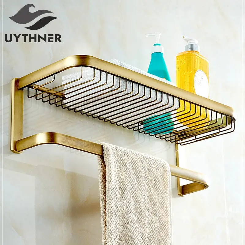 Uythner Full Copper Antique Brass Bathroom Minimalist Towel Rack Shelf