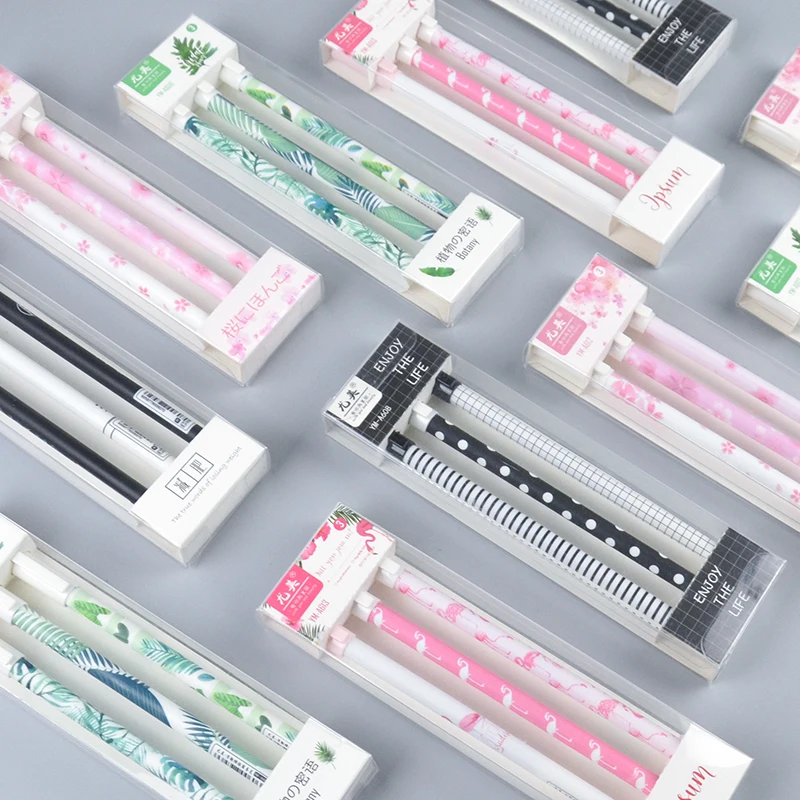 

3 pcs/lot Flamingo Sakura Gel Pen Cute Green Leaves 0.5mm black ink Signature Pen School Writing Supplies Promotional Gift