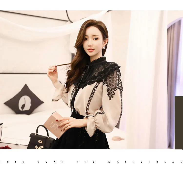  Women Fashion Shirts Stand Collar Lace Shirt Ladies Puff Sleeve Loose Chiffn Blouse Plus Size Femal