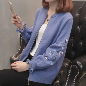 

NEW Embroidery Knitted Cardigan Sweater Jumper Women Spring Cardigan Jacket Sueter Mujer Women Basic Coats Zipper Sweater C4298