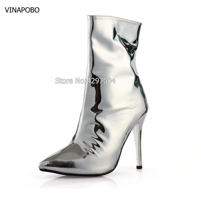 1PRICHICELLA-Unique-silver-shiny-boots-pointed-toe-sexy-high-heeled-mirror-leather-ankle-booties