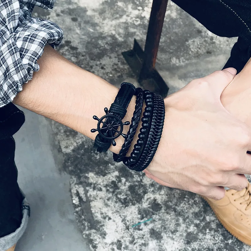 Oktrendy Mix 4Pcs/Set Braided Wrap Leather Bracelets for Men Women Vintage Wooden Beads Ethnic Tribal Wristbands Bracelet Rudder