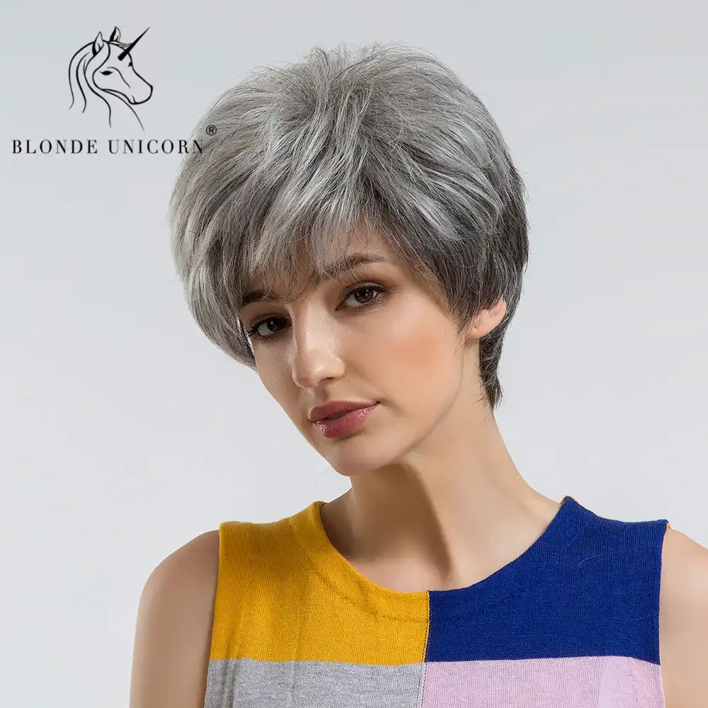 Peluca De Pelo Corto Con Corte Pixie Esponjoso De Unicornio Rubio Gris Ceniza Negro Reflejos Peluca De Pelo 30 Humano Con Flequillo Lateral Envio Gratis Aliexpress