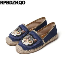 Каваи Женские джинсовые туфли тканый мокасины женщин плоские балет эспадрильи балерина синий ручной работы изображения животных джинсы европейская красивая отправка капель Мода последние весенняя осень