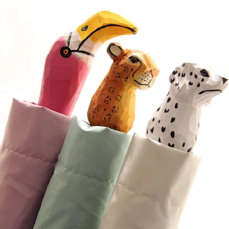 

2019 Creative Design Rain Umbrella Cute Parasol Hand Carved Wooden Cute Animal Windproof Three Folding Women Sunshade Umbrella