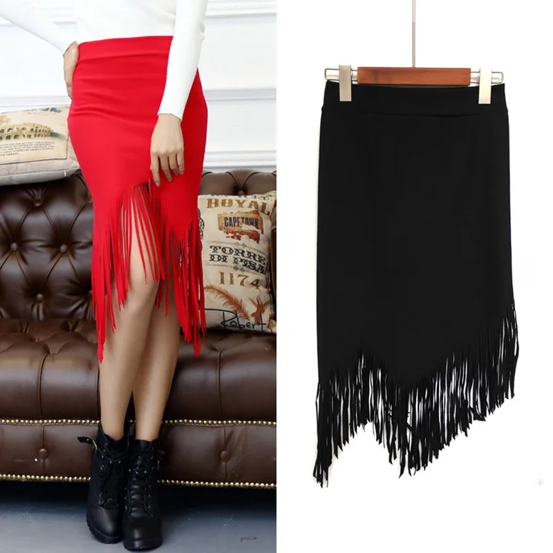 Black Red Fringe Skirts Womens Asymmetrical Pencil Skirt Long With