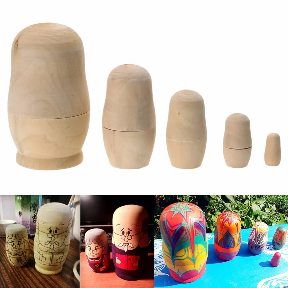 5pcs/set Unpainted DIY Blank Wooden Russian Nesting Dolls Matryoshka