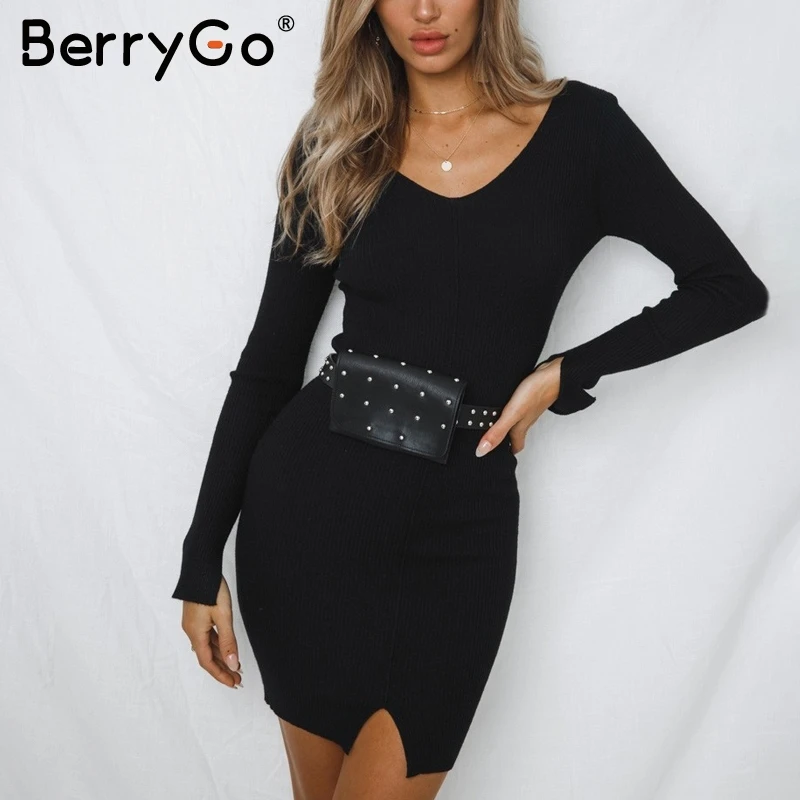 

BerryGo V neck black knitted sweater dress winter 2018 Split casual long sleeve dress women Autumn bodycon dresses female