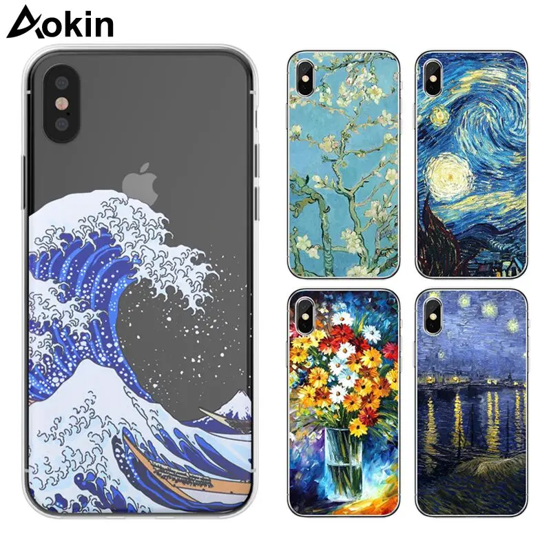 

Aokin Silicone Case for iPhone 5 6 7 8 Plus X Ultra Thin Transparent Vintage Oil Painting Case for Samsung S8 S7 S6 J5 A5 2016