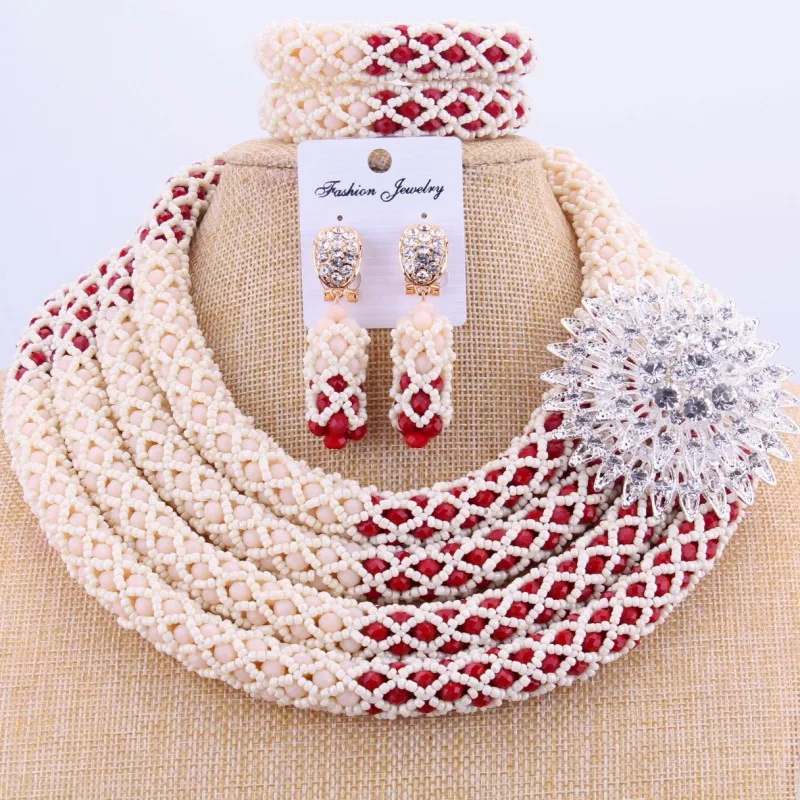 

4 Layers Beige and Wine Handmade African Women jewelry Set 2023