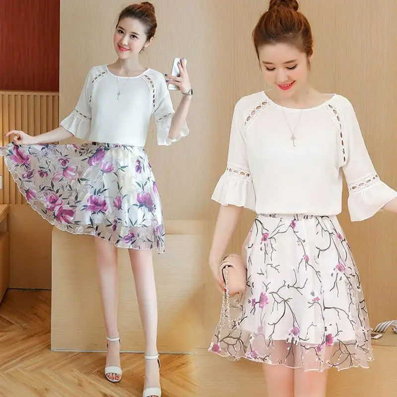 2017 Summer Korean Women Blouse Skirt Sets New Flare Sleeves Chiffon