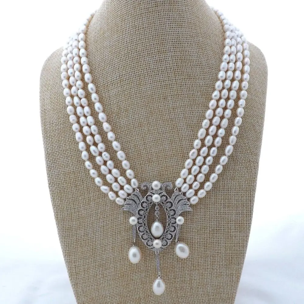 

K112405 4 Strands 18" White Rice Pearl Necklace CZ Pendant