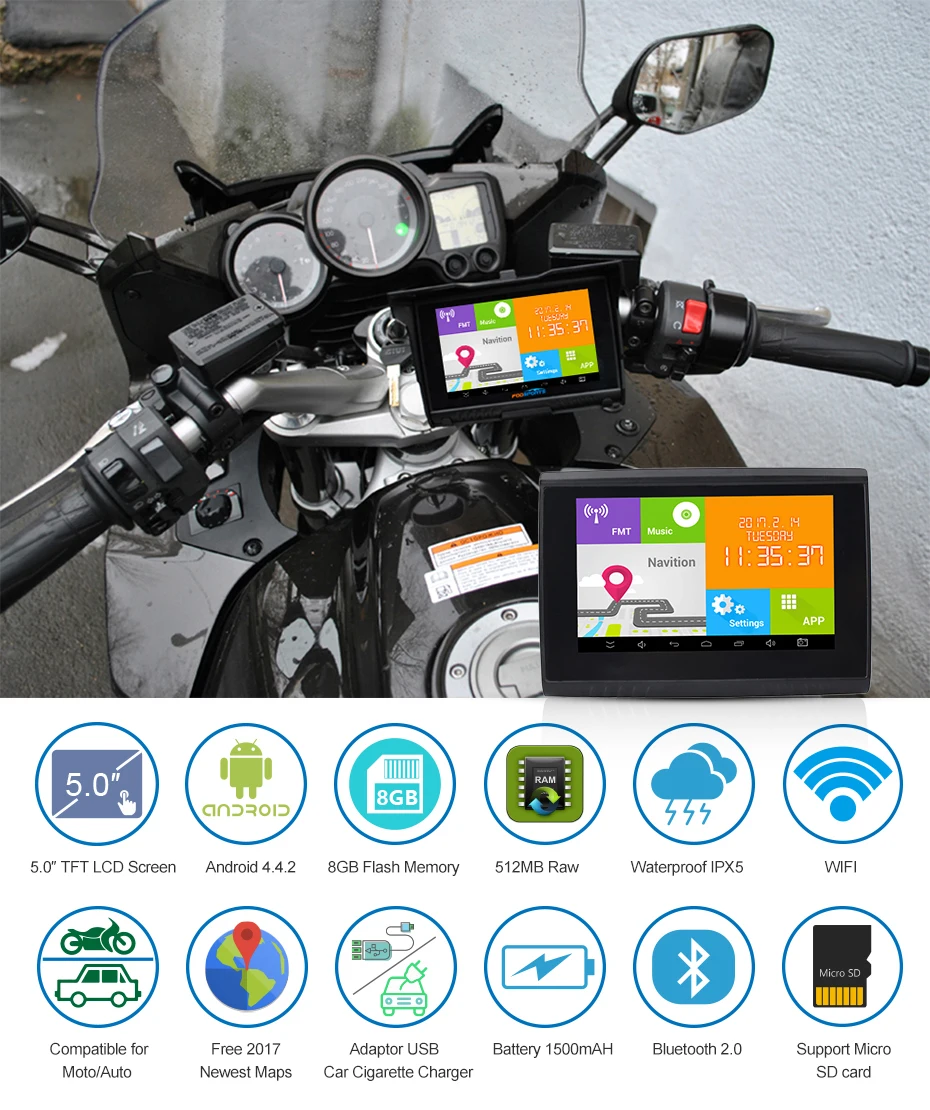 Fodsports 5,0 дюймов Android 4.4.2 мотоцикл gps навигация 512 Мб 8 Гб Вспышка wifi Bluetooth Автомобильный навигатор Бесплатные карты