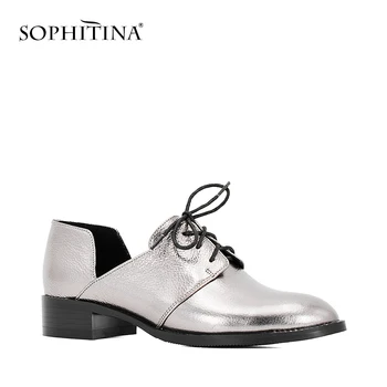 

SOPHITINA Genuine Leather Casual Pumps Round Toe Square Low Heels Lace Up Autumn Shoes Handmade Soft Women shoes Blue Silver W17