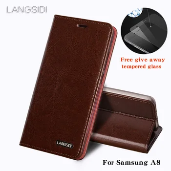 

wangcangli For Samsung A8 phone case Oil wax skin wallet flip Stand Holder Card Slots leather case to send phone glass film