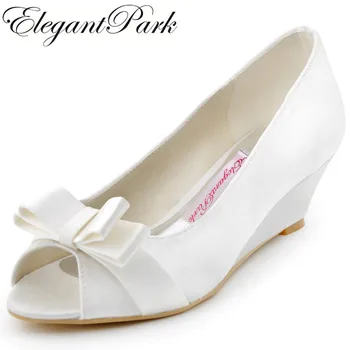 

WP1402 Woman Shoes wedges Mid Heel wedding bridal Ivory white Peep Toe Bow Satin ladies bride bridesmaids prom dress party pumps